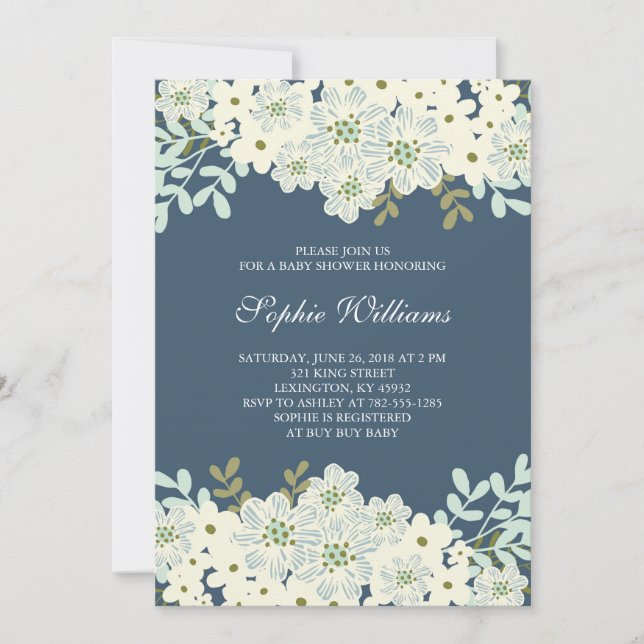 Invitation Baby shower aux fleurs bleues et blanches (Devant)