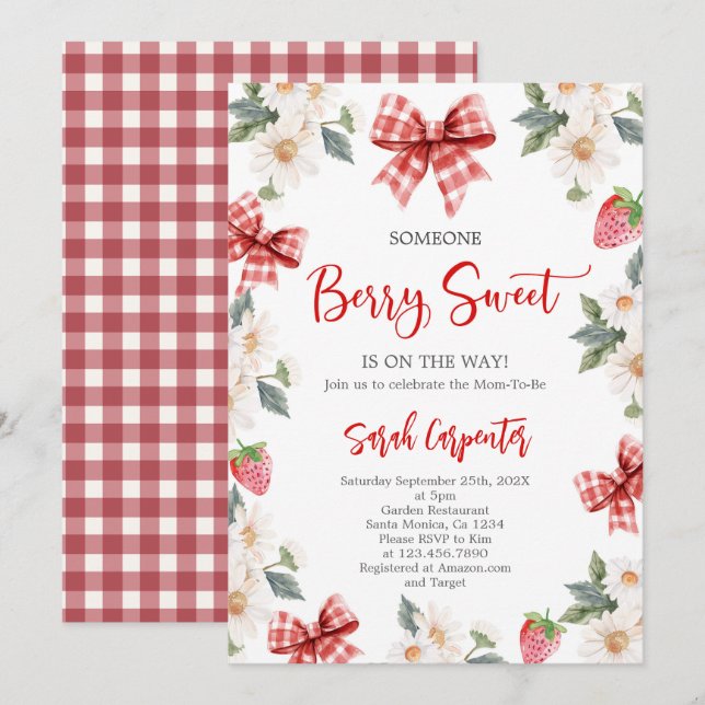 Invitation Baby shower aux fraises (Devant / Derrière)