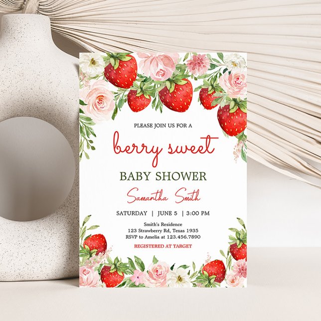 Invitation Baby shower aux fraises (Pink Floral Strawberry Baby Shower Invitation)