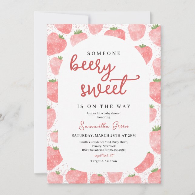Invitation Baby shower aux fraises roses (Devant)