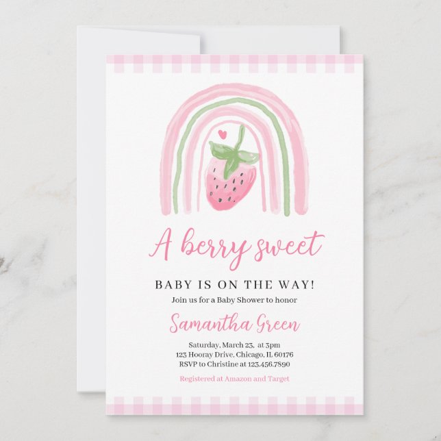 Invitation Baby shower aux fraises roses (Devant)