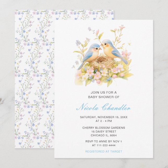 Invitation Baby shower aux oiseaux de printemps (Devant / Derrière)