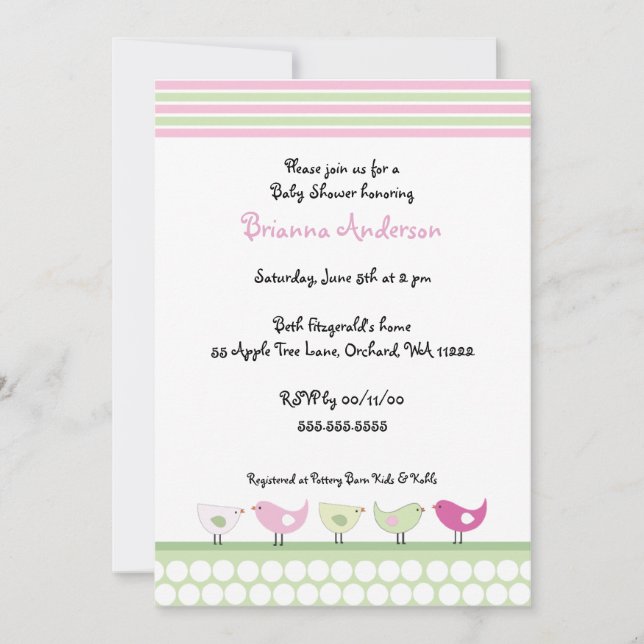 Invitation Baby shower aux oiseaux roses et verts (Devant)