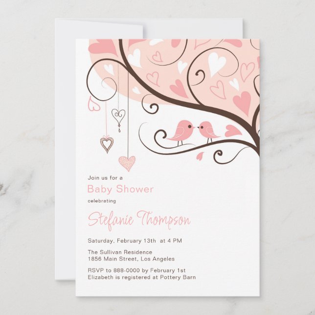 Invitation Baby shower aux oiseaux roses Whimsical (Devant)