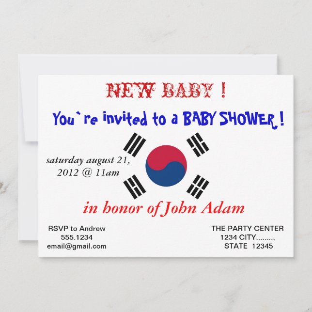 Invitation baby shower avec drapeau de la Corée du (Devant)