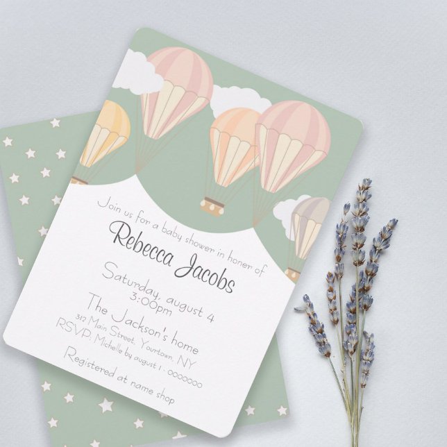 Invitation baby shower avec montgolfières girly (Créateur téléchargé)
