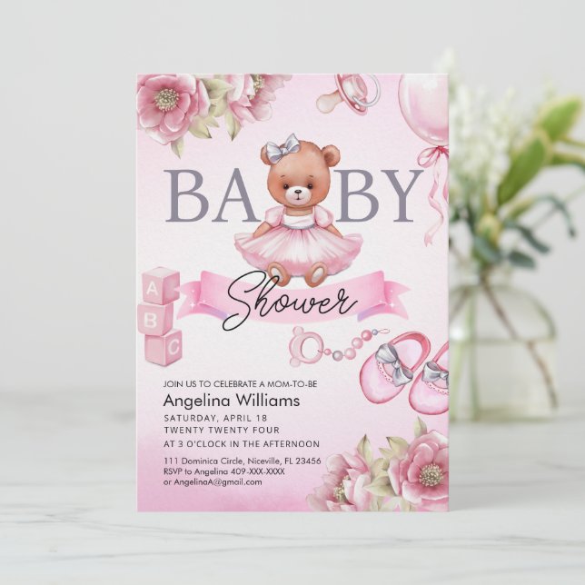 Invitation baby shower avec ours en peluche. (Debout devant)