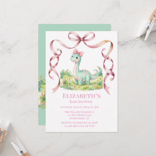Invitation Baby-Shower avec un joli dinosaure et un nœud rose