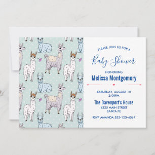 Invitation Baby-Shower avec un mignon motif de lama sur pois