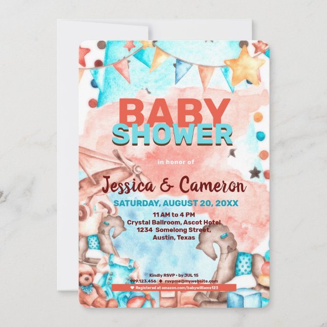 Invitation Baby shower avion et Nounours (Devant)
