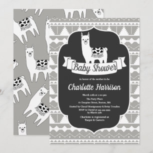 Invitation Baby shower aztèque gris et blanc moderne de lamas