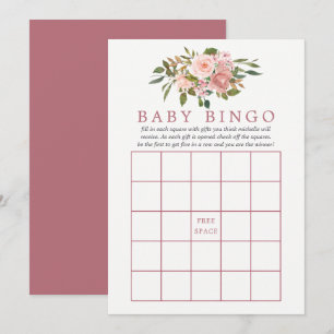 Invitation Baby Shower Baby Bingo Fleurs Rose et Or Rose