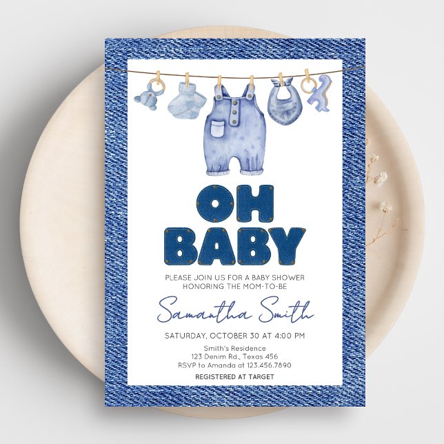 Invitation Baby shower Baby Blue Jean Denim (Blue Jean Denim Baby Shower Invitation)