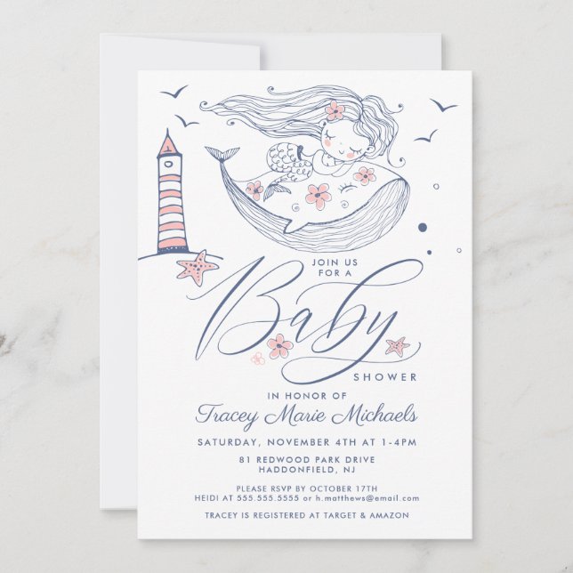 Invitation Baby shower | Baby Girl Whale Mermaid Beach (Devant)