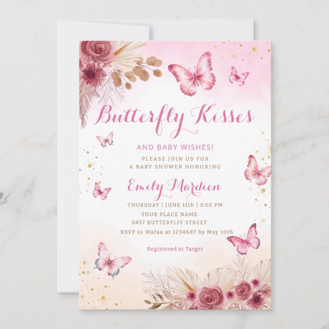 Invitation Baby shower Baisers à papillon floral Boho Blush (Devant)