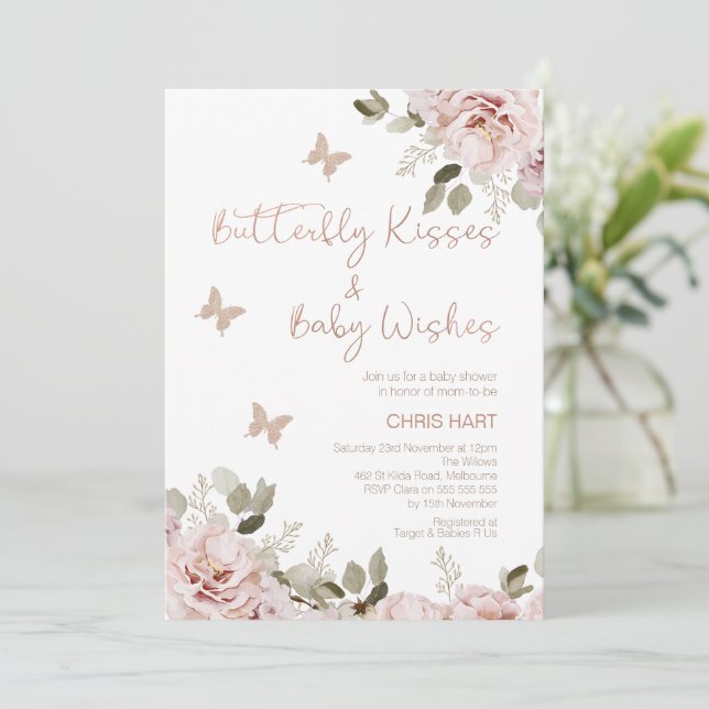 Invitation Baby shower Baisers à papillon flou (Debout devant)