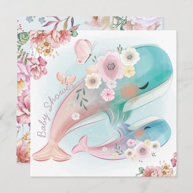 Invitation Baby shower baleines (Devant / Derrière)