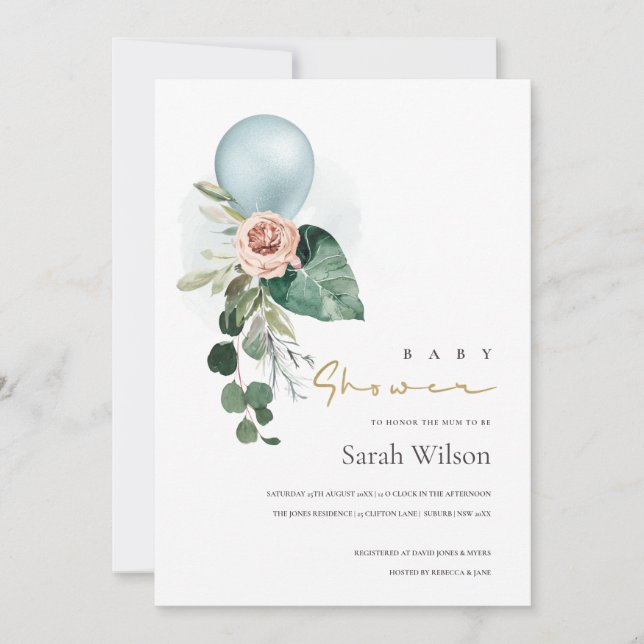 Invitation BABY SHOWER BALLON FLORAL BUNCH AQUA BL (Devant)