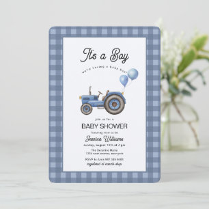 Invitation Baby Shower Ballon Tracteur à Carreaux Bleus