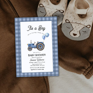 Invitation Baby Shower Ballon Tracteur à Carreaux Bleus