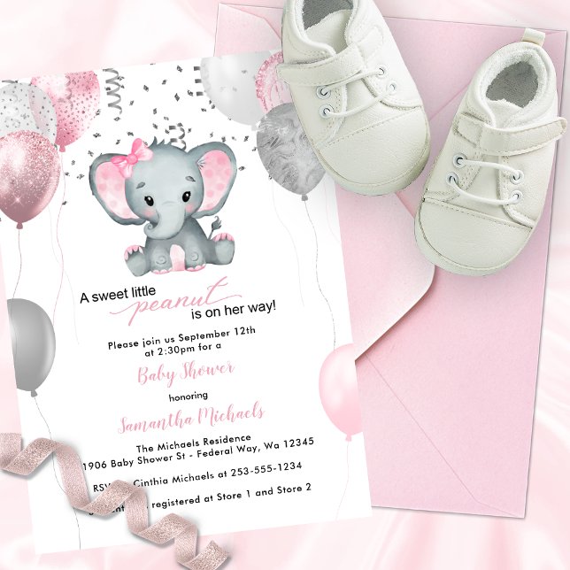 Invitation Baby shower Ballons de fille Eléphante mignonne (Cute Elephant Girl Balloons Baby Shower Invitation)