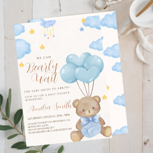 Invitation Baby shower Ballons Teddy Bear Blue Tan