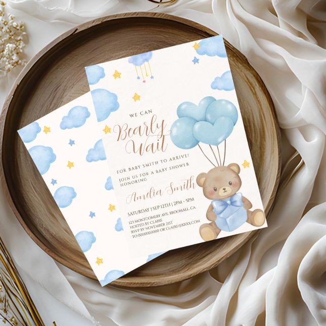 Invitation Baby shower Ballons Teddy Bear Blue Tan (Créateur téléchargé)