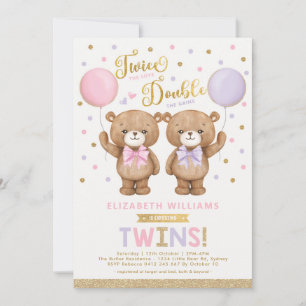Invitation Baby shower ballotte violet rose Teddy Bear Twins