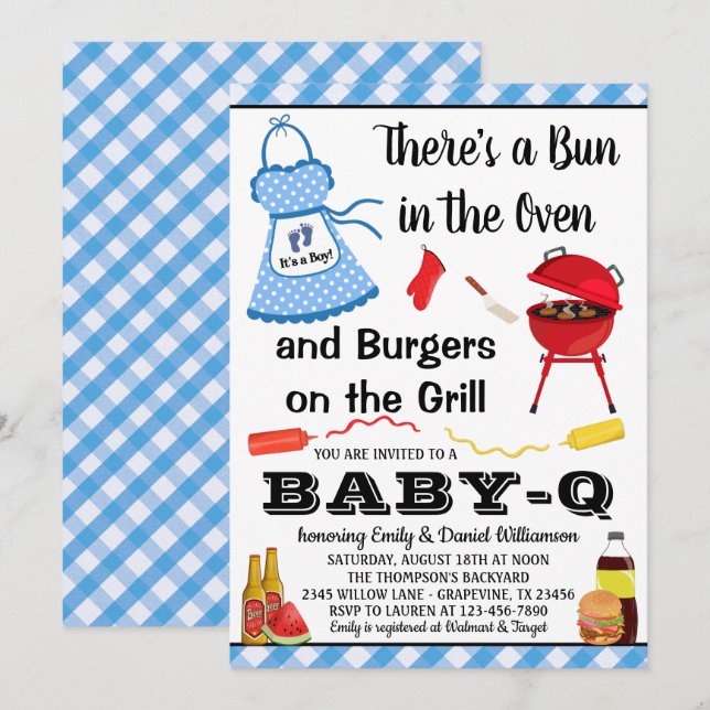 Invitation Baby shower barbecue bleu garçon (Devant / Derrière)