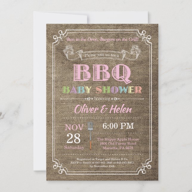 Invitation Baby shower barbecue Burlap Pink (Devant)