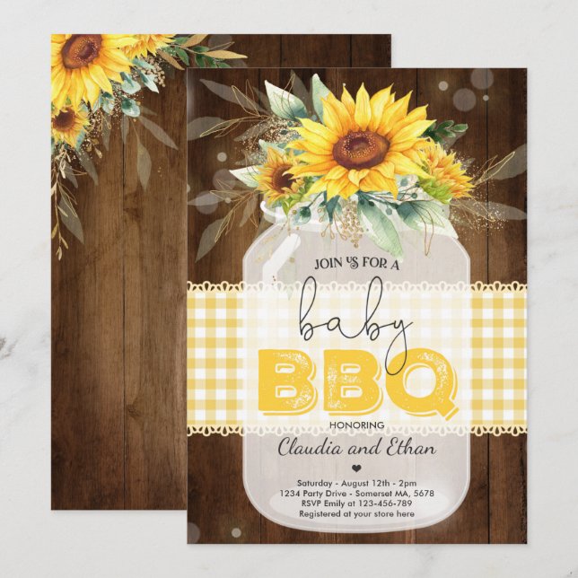 Invitation Baby shower barbecue Sunflower Baby Q Douche pour  (Devant / Derrière)
