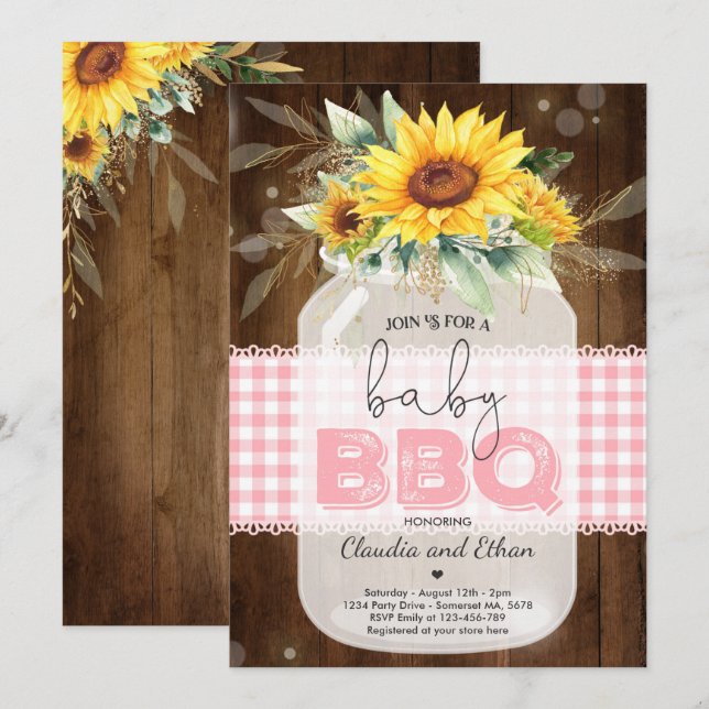 Invitation Baby shower barbecue Sunflower Baby Q Douche pour  (Devant / Derrière)