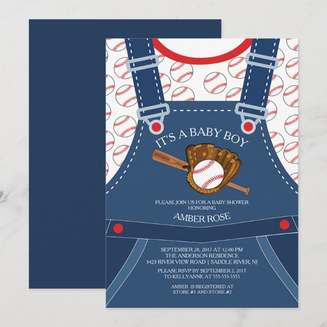 Invitation Baby shower BASEBALL Mets Overalls (Devant / Derrière)