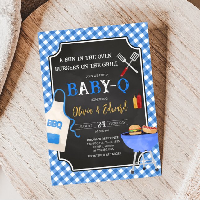 Invitation Baby shower BBQ En vichy bleu (Boy Baby-Q Baby Shower Invitation)