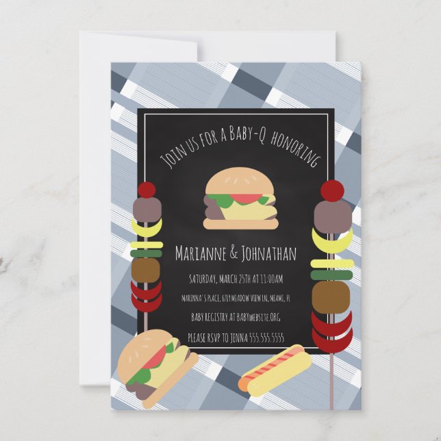 Invitation Baby shower BBQ Jardin Alimentation Plaid Bleu (Devant)
