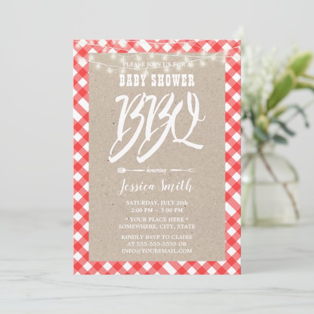 Invitation Baby shower BBQ Rouge Plaid Rustique Kraft (Debout devant)
