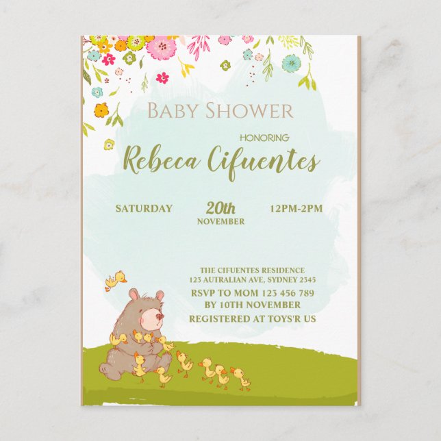 Invitation Baby Shower Bear and duckies (Devant)