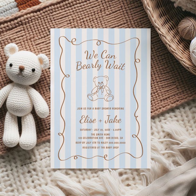Invitation Baby shower Bearly Wait Hand Drake Blue Stripes (Créateur téléchargé)