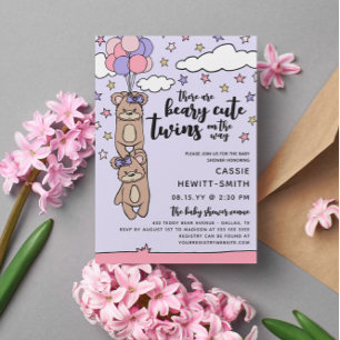 Invitation Baby shower Beary jolie fille rose jumeaux