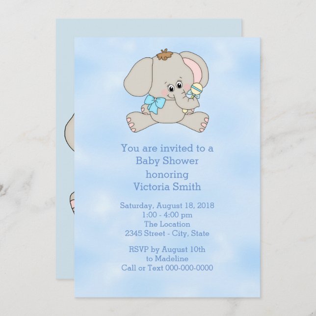 Invitation Baby shower bébé bébé bébé bébé éléphant (Devant / Derrière)