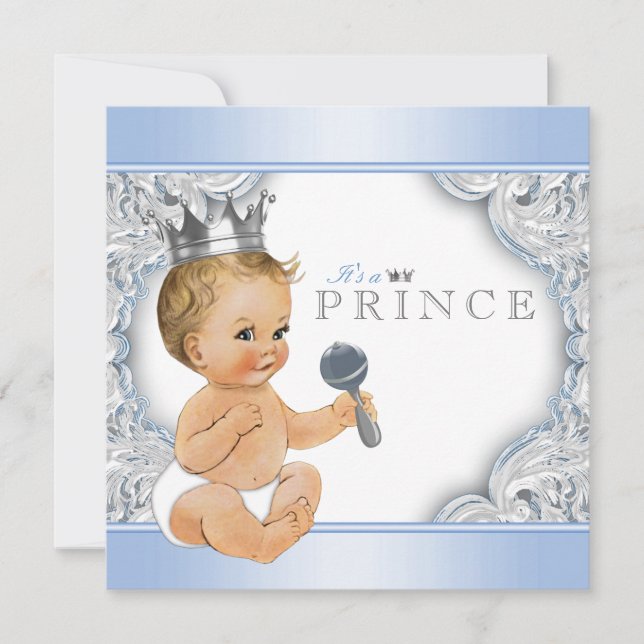 Invitation Baby shower Bébé Bleu Argent Prince (Devant)