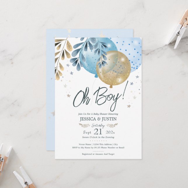 Invitation Baby shower Bébé Bleu Ballons (Devant/Arrière en situation)