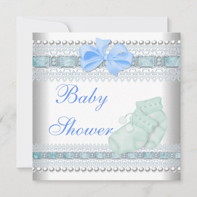Invitation Baby shower Bébé Bleu Booties Pearl Lace (Devant)