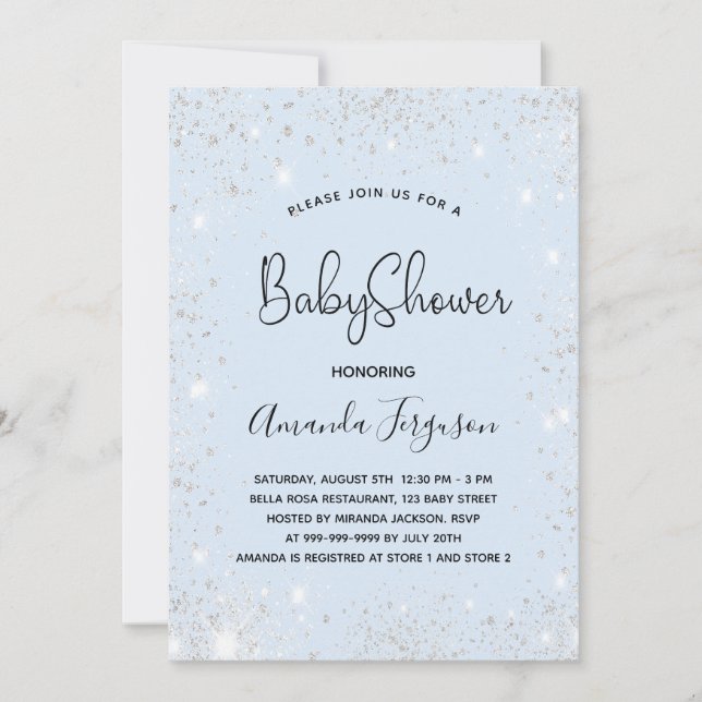 Invitation Baby shower bébé bleu garçon argent parties scinti (Devant)