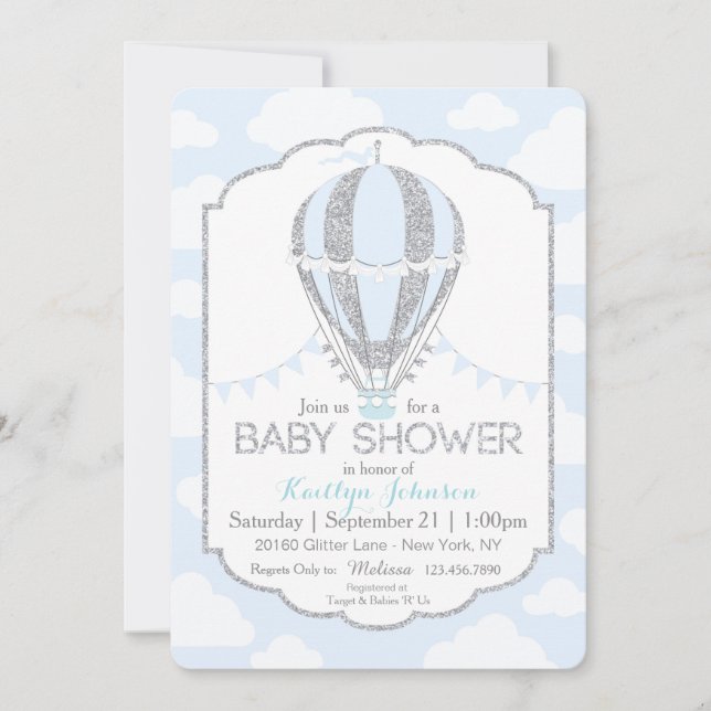 Invitation Baby shower bébé Blue Hot Air Balloon Boy (Devant)