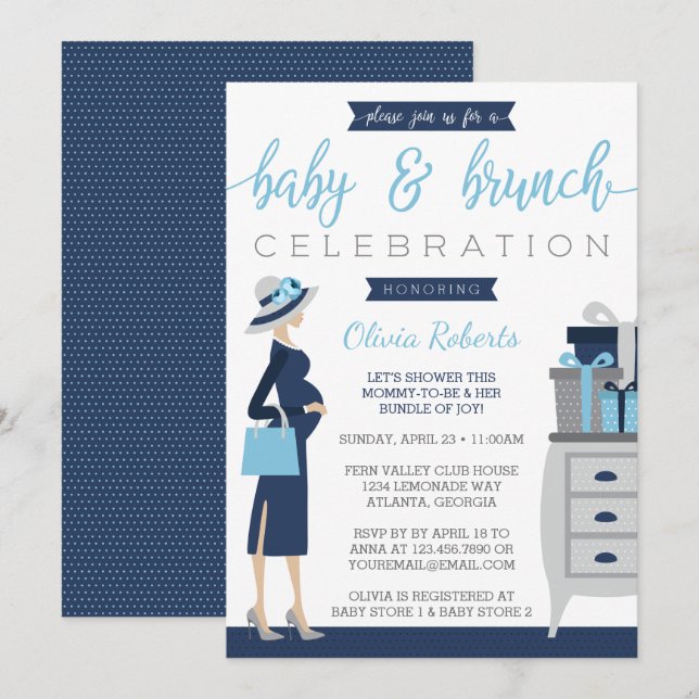 Invitation Baby shower Bébé & Bruch, Bleu, Gris (Devant / Derrière)