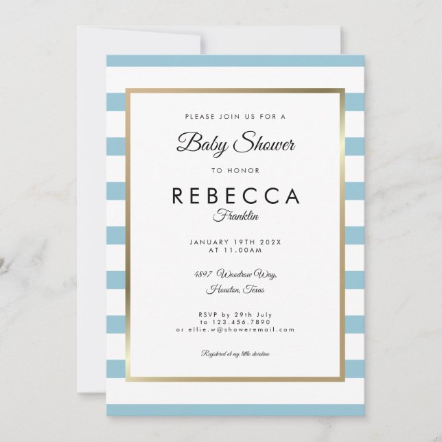 Invitation Baby shower Bébé classique Bleu à rayures / Sprink (Devant)