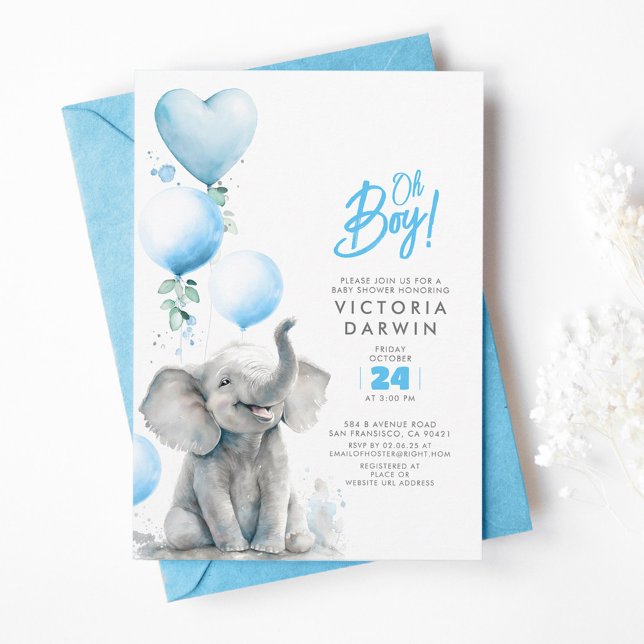 Invitation Baby shower bébé éléphant bleu et gris mou garçon (Cute Blue and Grey Little Elephant Baby Shower Invitations)