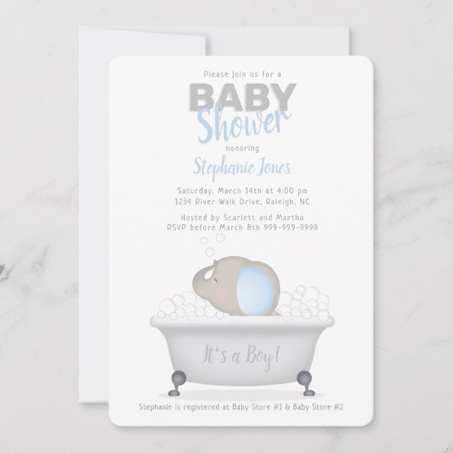 Invitation Baby shower bébé éléphant bulle  garçon de bain (Devant)