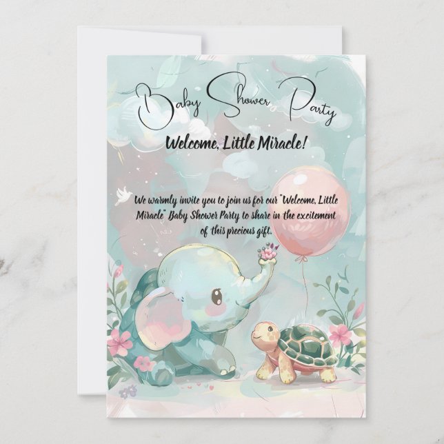 Invitation Baby shower bébé éléphant et tortue (Devant)